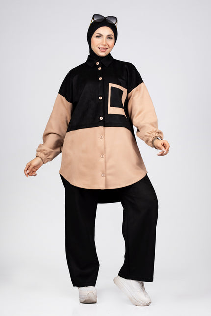 Two-tone suede scuba modest suit in black