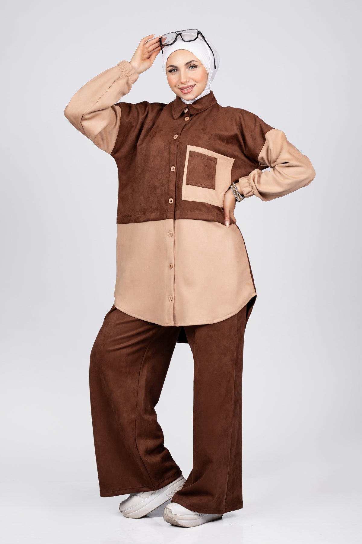 Two-tone suede scuba modest suit in brown