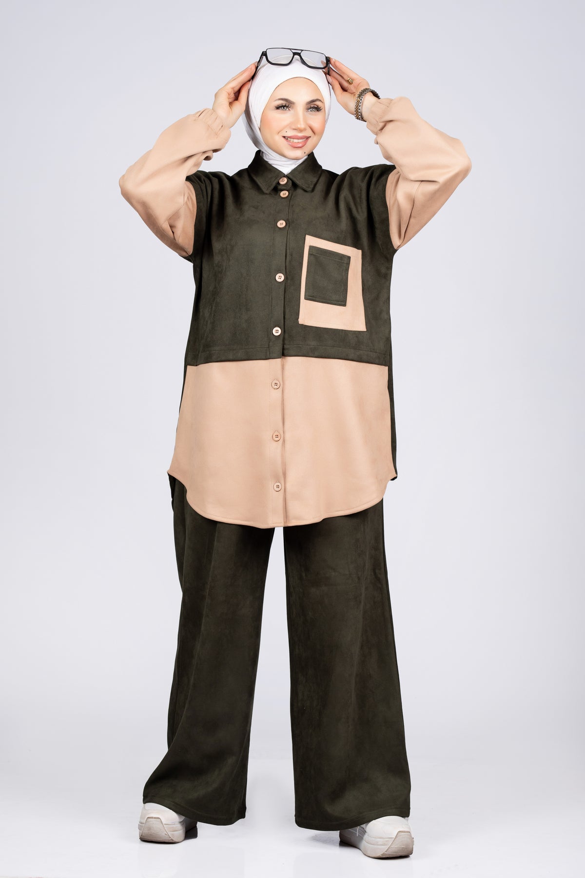 Two-tone suede scuba modest suit