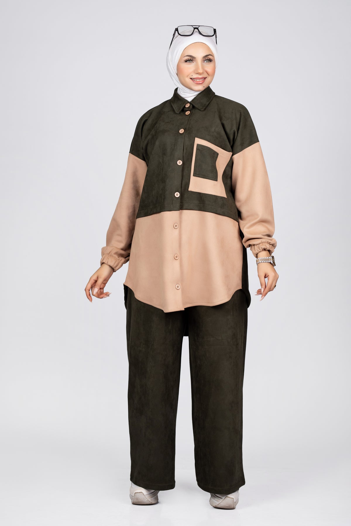 Two-tone suede scuba modest suit