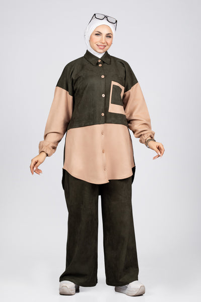 Two-tone suede scuba modest suit in olive