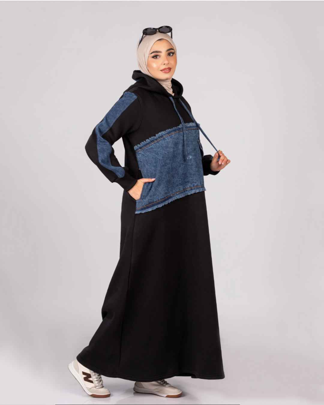 Long hoodie dress with denim panels for hijabis