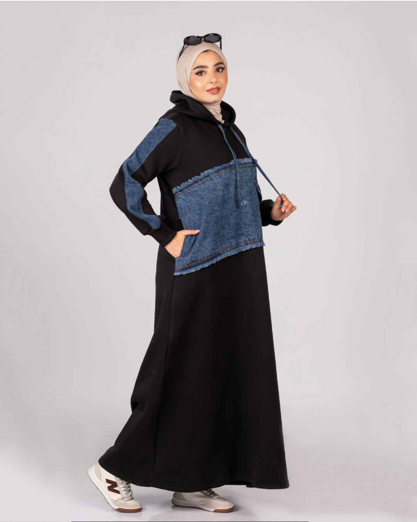 Long hoodie dress with denim panels for hijabis