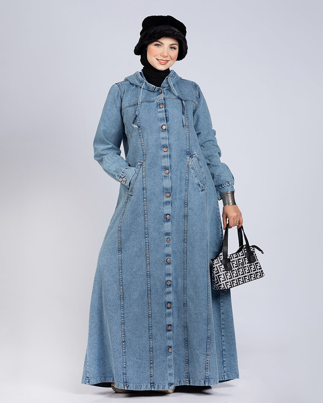 Long button-down denim dress for hijabis in light denim