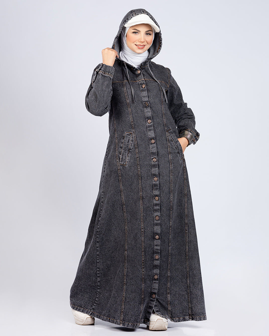 Long button-down denim dress for hijabis