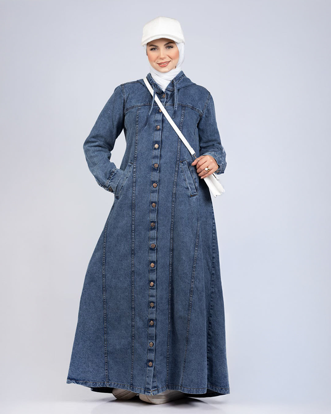 Long button-down denim dress for hijabis in dark denim
