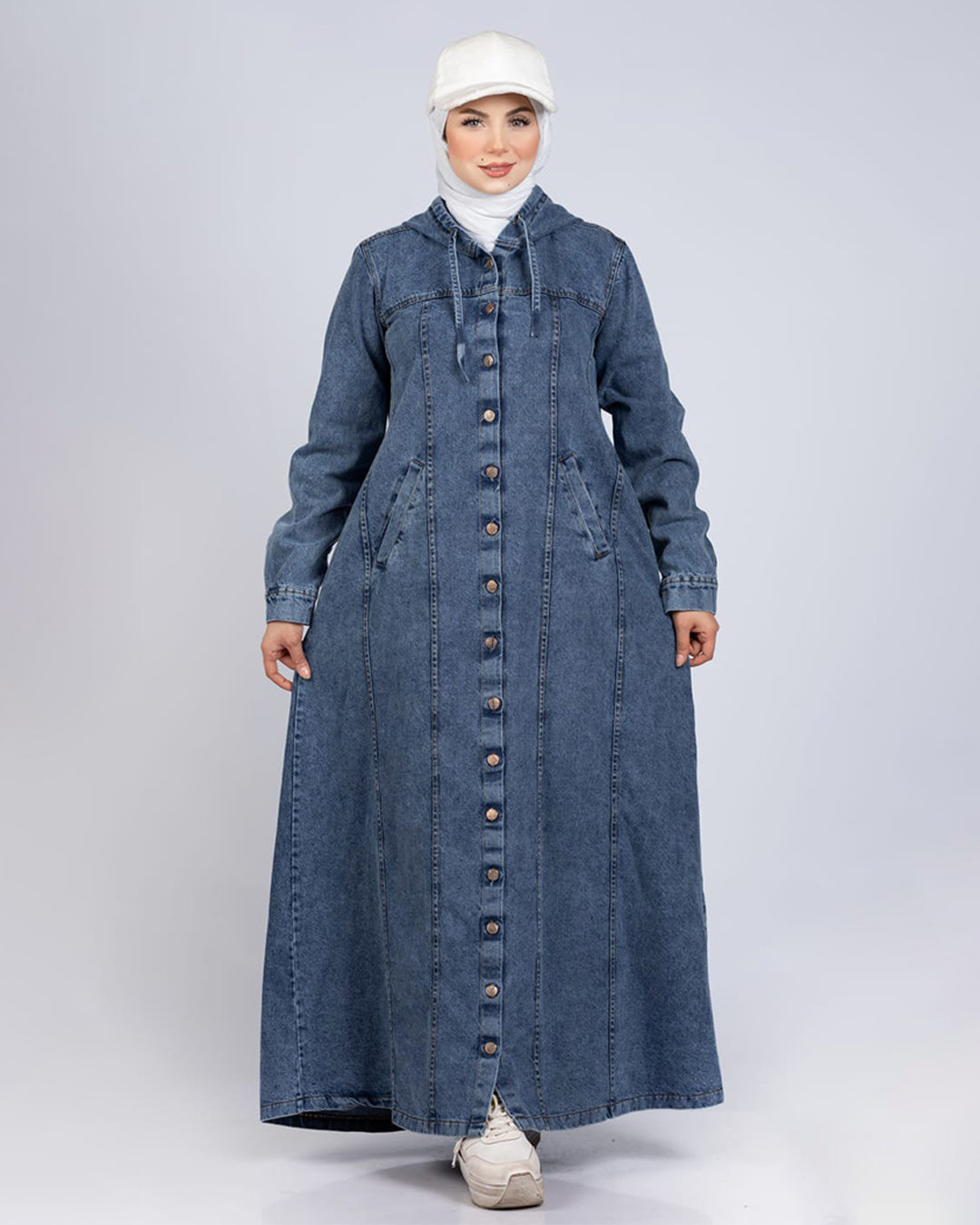 Long button-down denim dress for hijabis