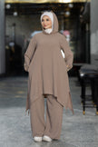 Modest suit with long top and wide pants in café
