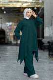 Modest suit with long top and wide pants in janzari blue