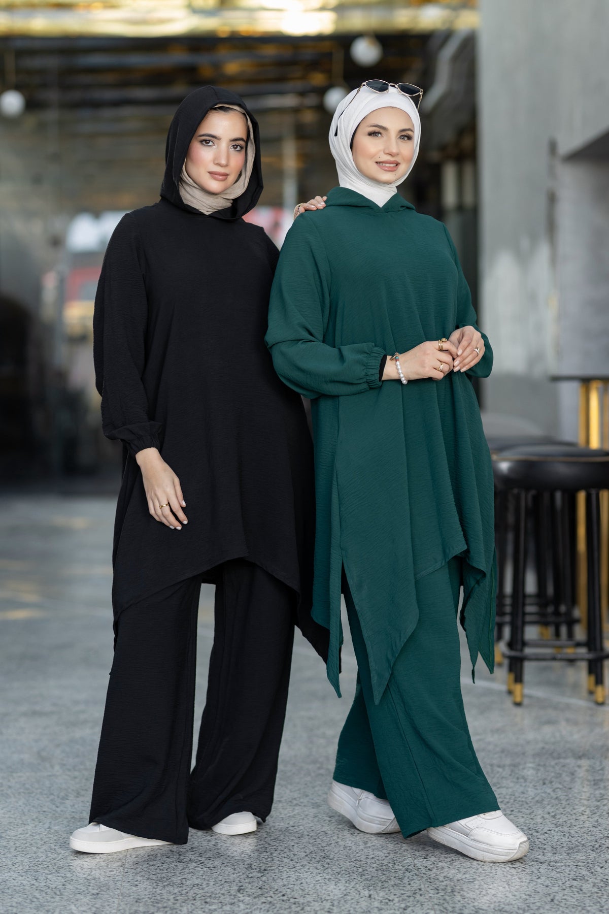 Modest suit with long top and wide pants