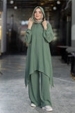 Modest suit with long top and wide pants in army green