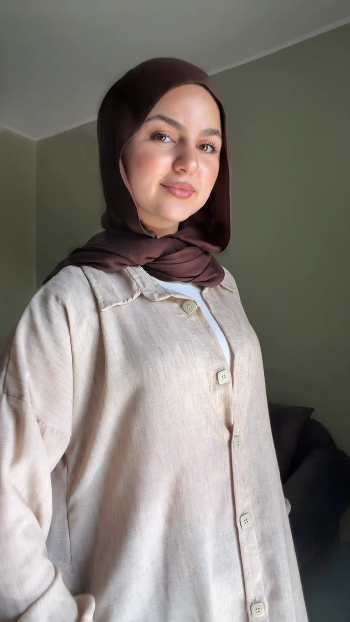 Long basic linen shirt for hijabis in beige