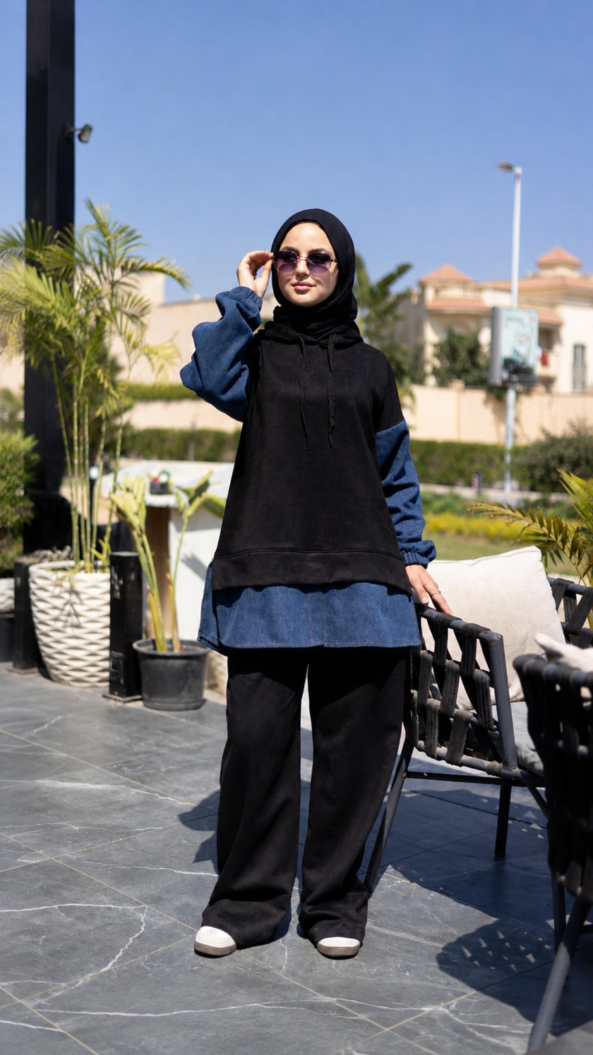 Modest sweatshirt and denim shirt set in blue denim