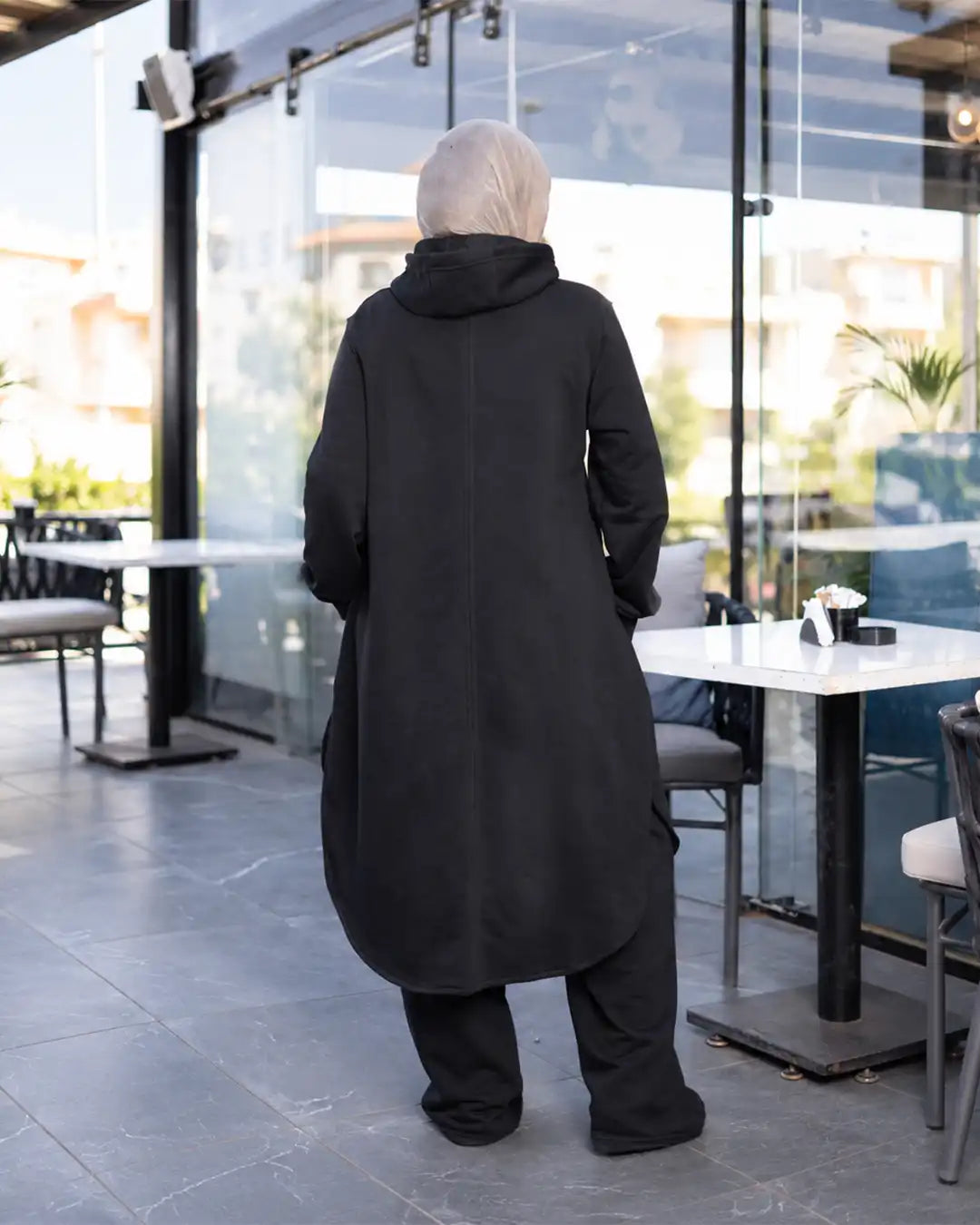 Hooded melton modest suit with long sweatshirt in black, back