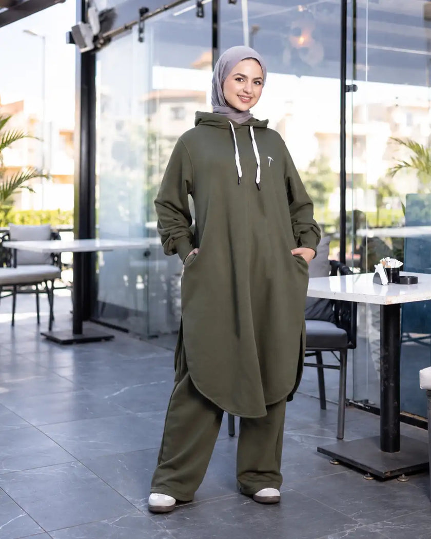 Hooded melton modest suit with long sweatshirt in olive