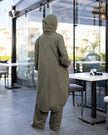Hooded melton modest suit with long sweatshirt in olive, back