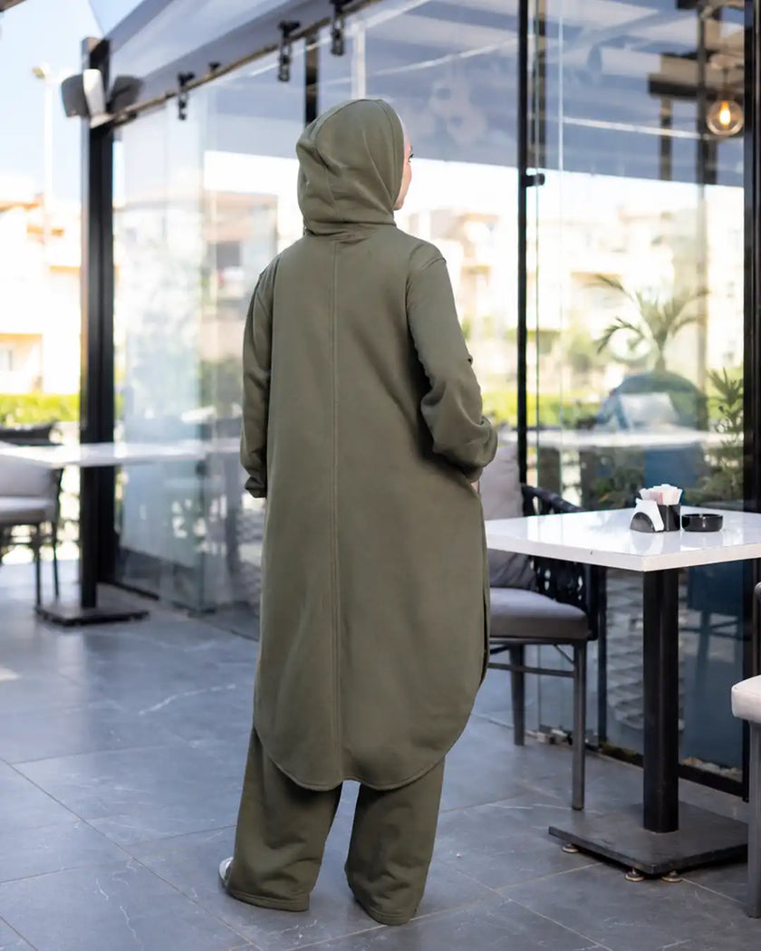 Hooded melton modest suit with long sweatshirt in olive, back