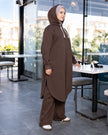 Hooded melton modest suit with long sweatshirt in brown, side