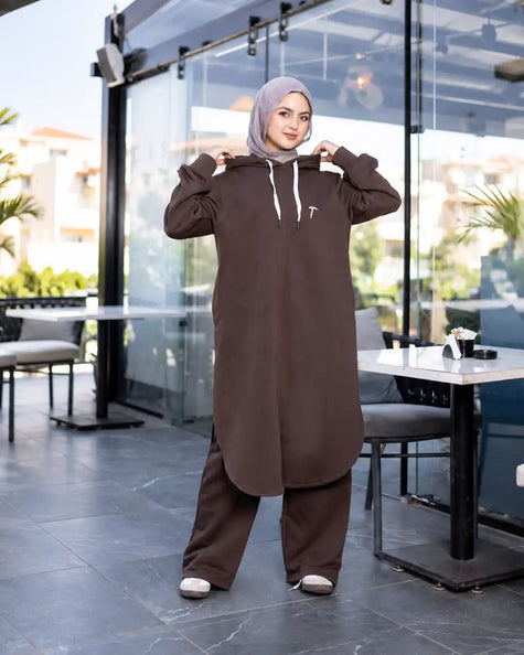 Hooded melton modest suit with long sweatshirt in brown