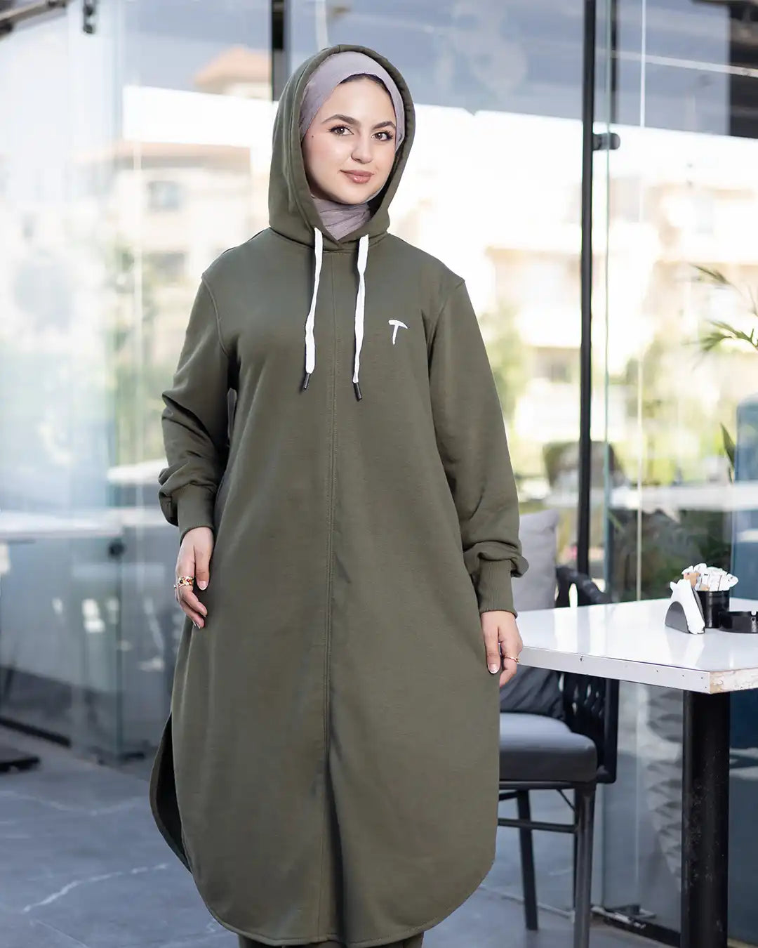 Hooded melton modest suit with long sweatshirt in olive