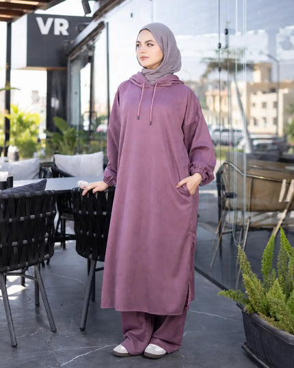 سوت سويد سكوبا مضلع للمحجبات بسويت شيرت طويل لون كشمير موف