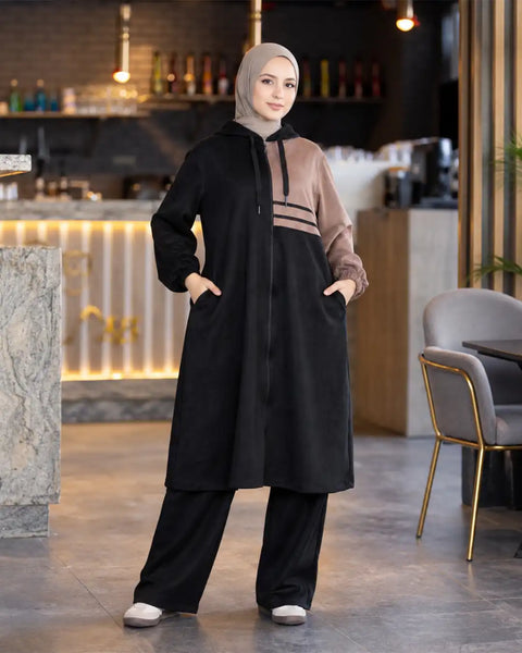 Long suede scuba modest suit, black with café