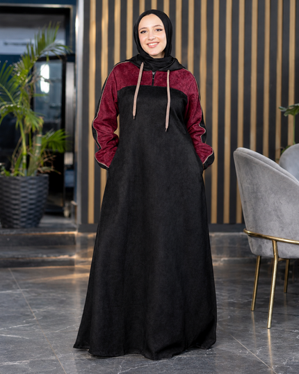 Long two-tone suede scuba modest dress in black and burgundy