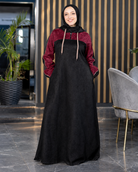 Long two-tone suede scuba modest dress in black and burgundy