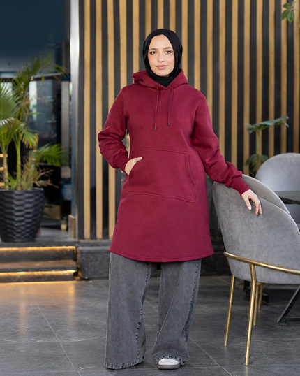Long melton hoodie for hijabis with wide-leg jeans in burgundy