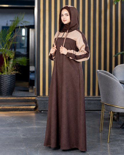 Long two-tone suede scuba modest dress in brown and beige