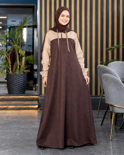 Long two-tone suede scuba modest dress in brown and beige
