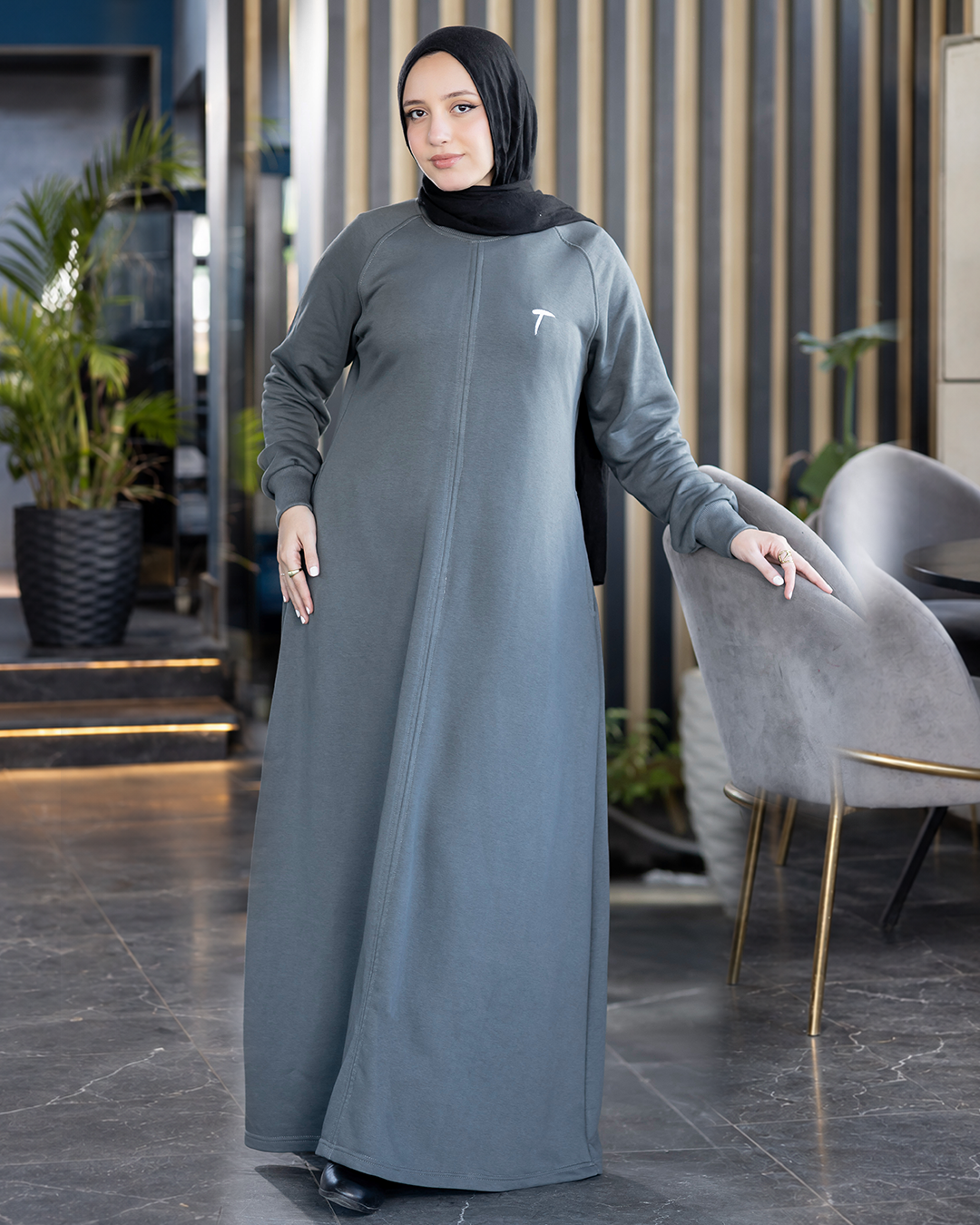 Long loose melton modest dress in grey