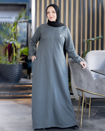 Long loose melton modest dress in grey