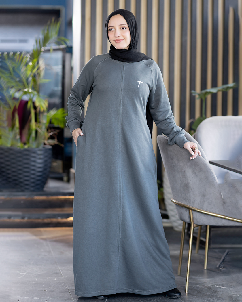 Long loose melton modest dress in grey
