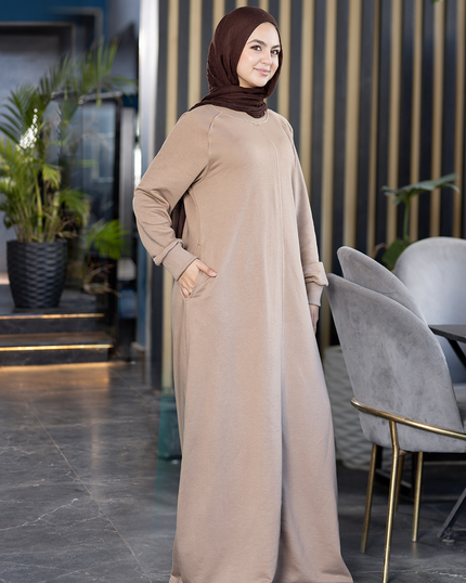 Long loose melton modest dress in café