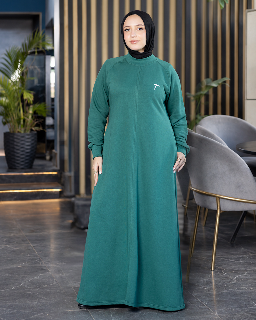 Long loose melton modest dress in petrol blue