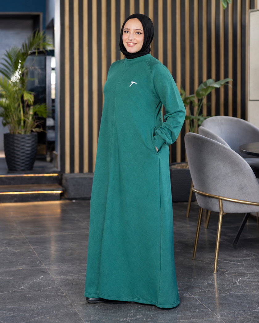 Long loose melton modest dress in petrol blue