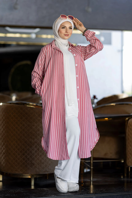 Long striped shirt for hijabis in cashmere