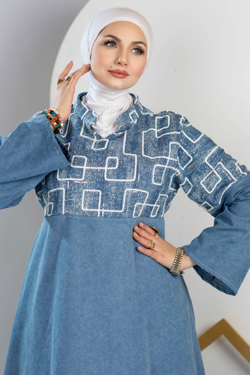 Long embroidered denim kaftan