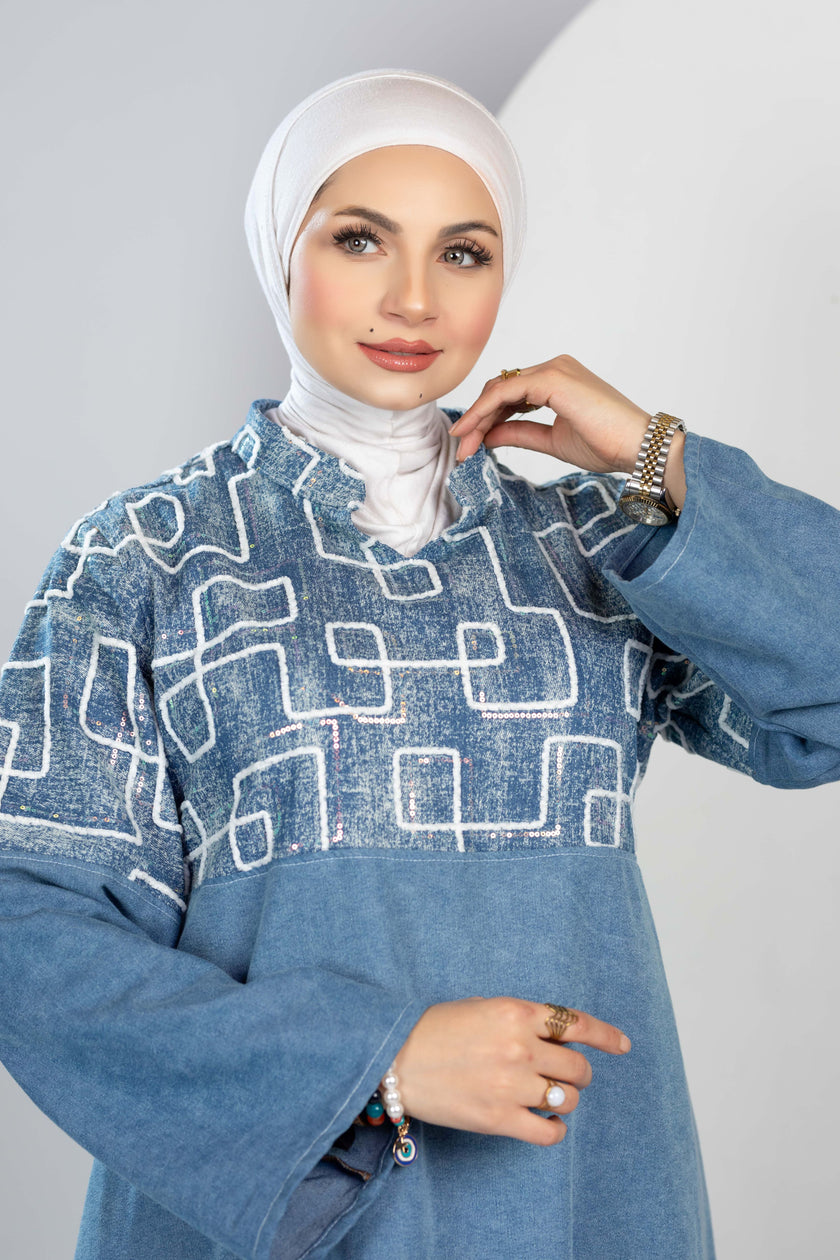 Long embroidered denim kaftan