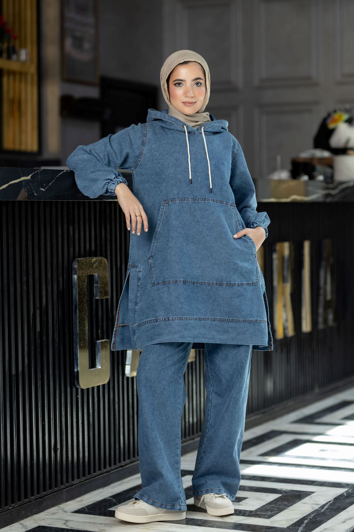Hooded summer denim suit for hijabis