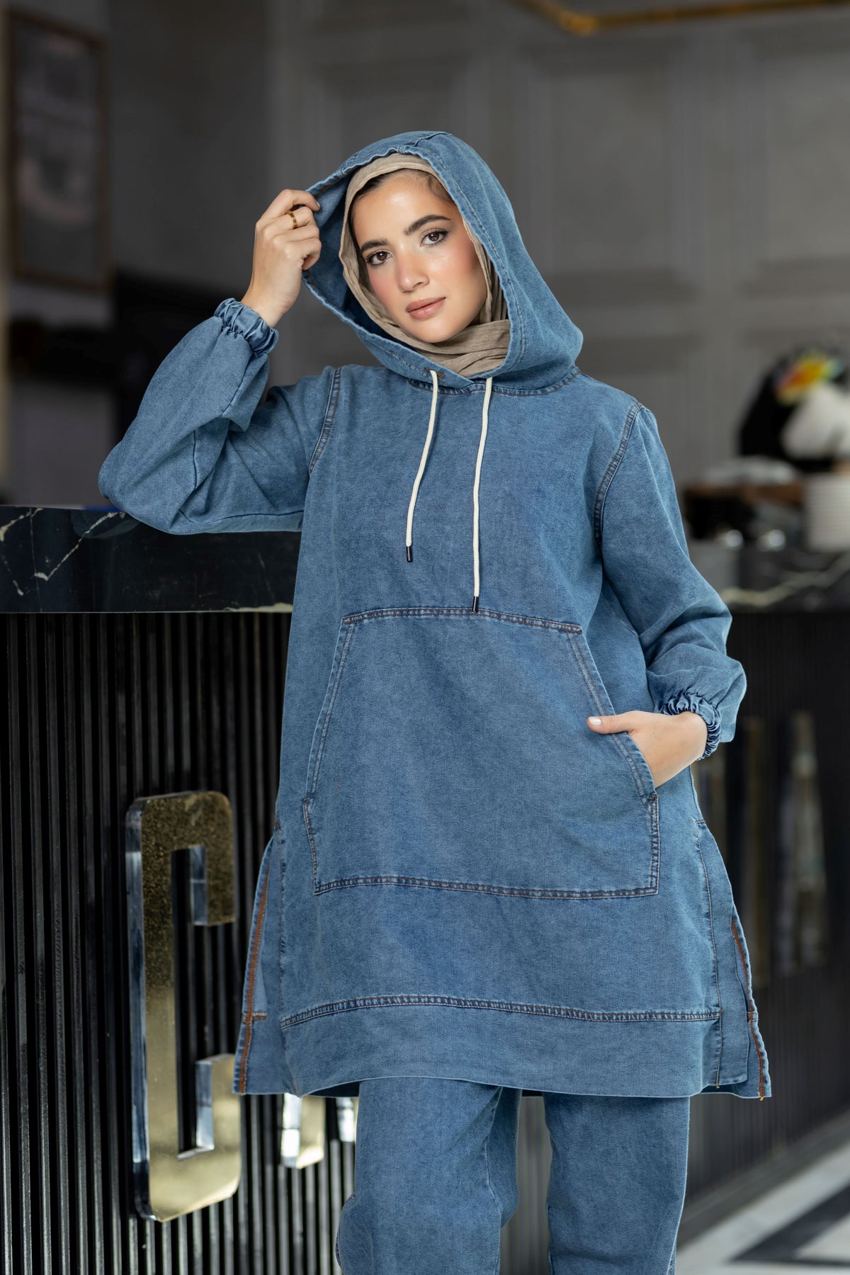 Hooded summer denim suit for hijabis
