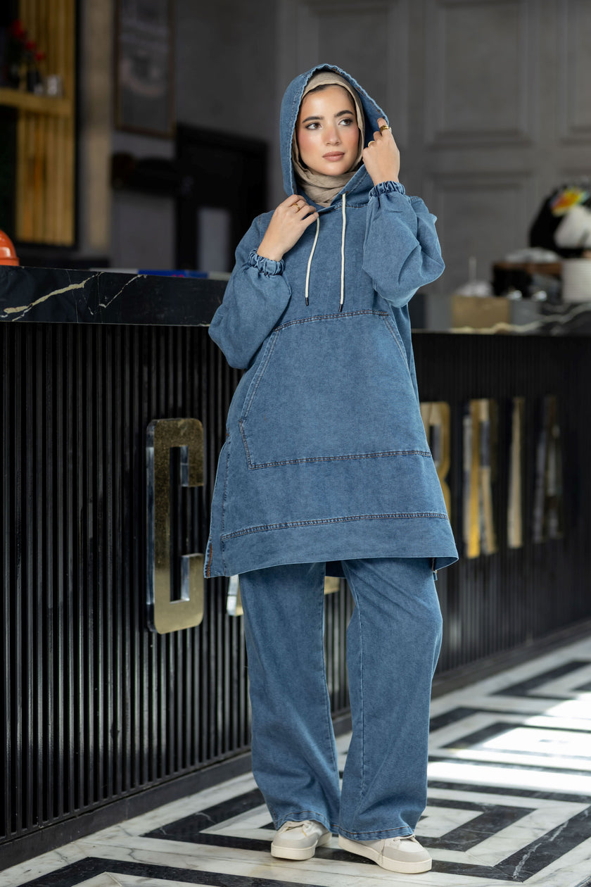 Hooded summer denim suit for hijabis