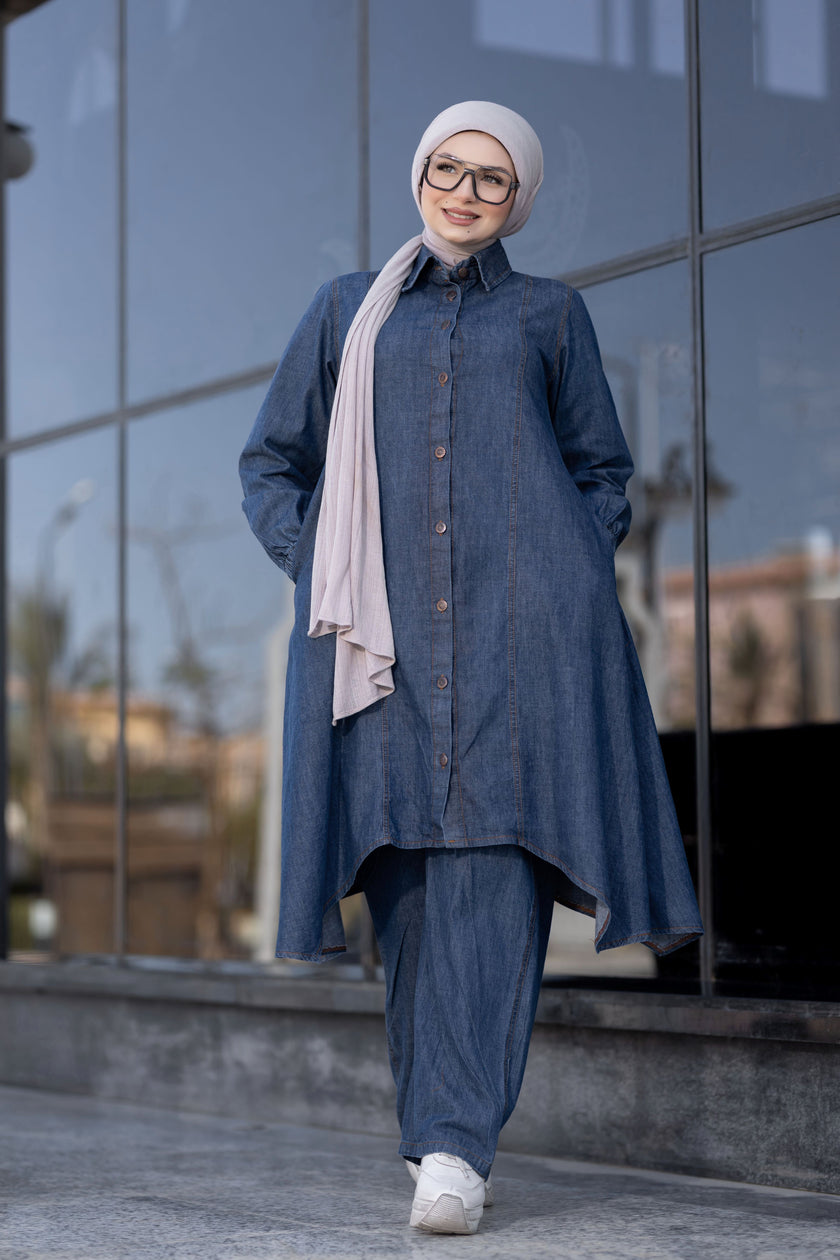 سوت جينز طويل شيميز وبنطلون