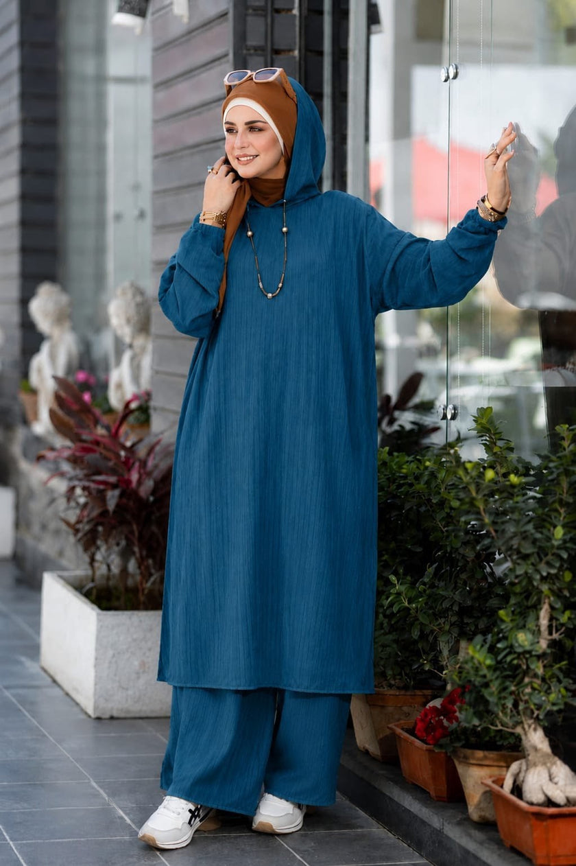 Long tunic and pants set for hijabis in janzari blue