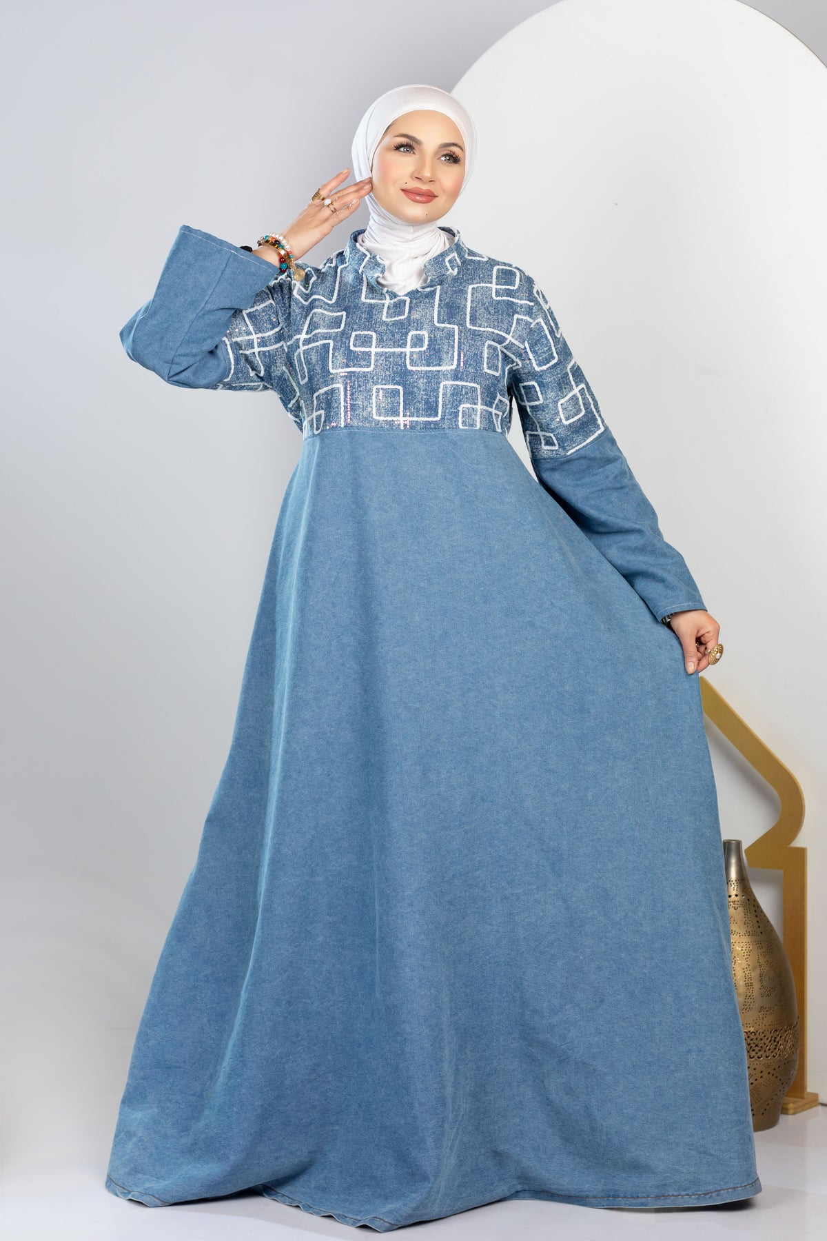 Long embroidered denim kaftan