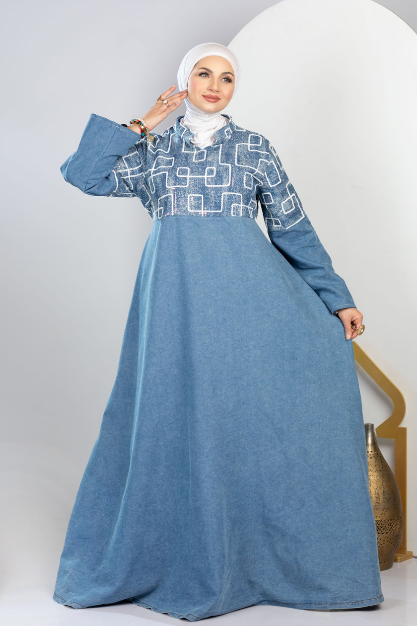Long embroidered denim kaftan