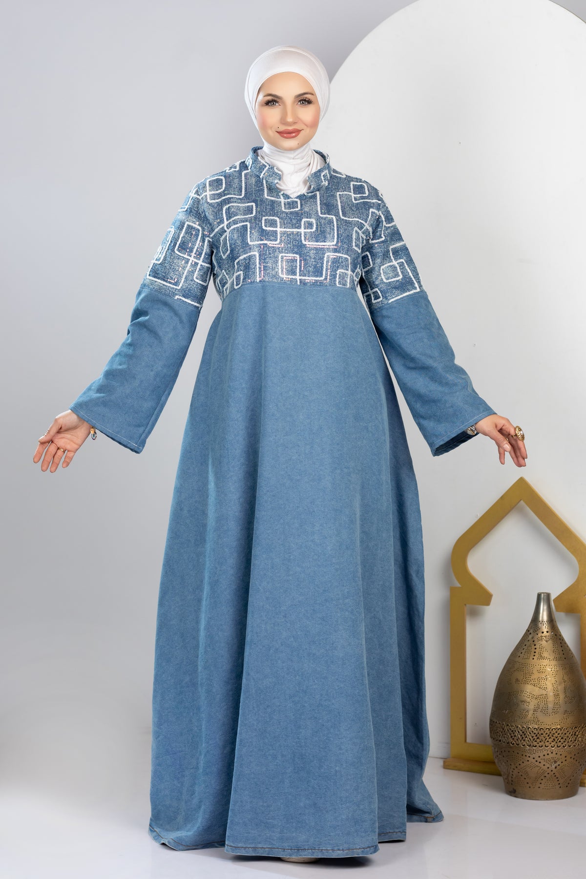 Long embroidered denim kaftan
