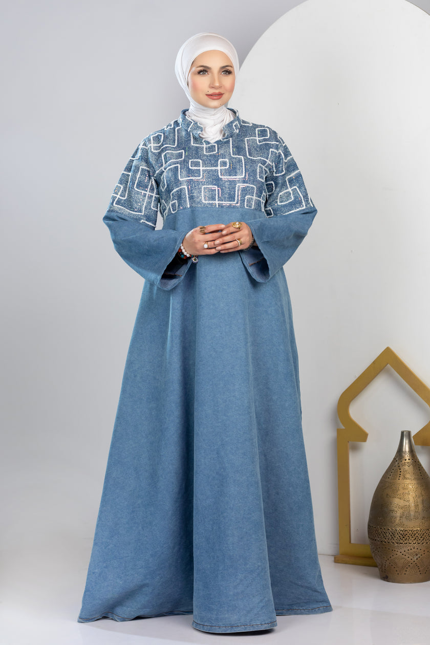 Long embroidered denim kaftan in light denim