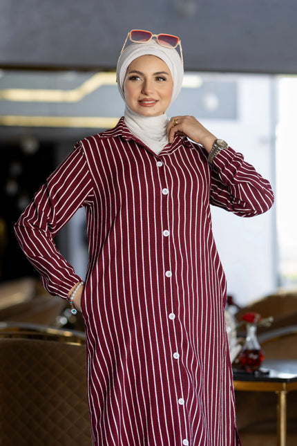 Long striped shirt for hijabis in burgundy